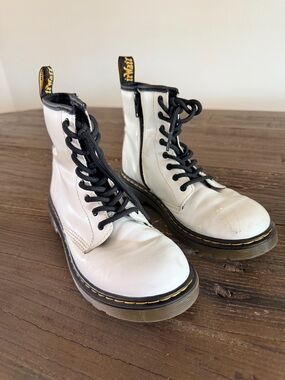 Dr. Martens White Leather Lace-Up Combat Boots with Black Laces